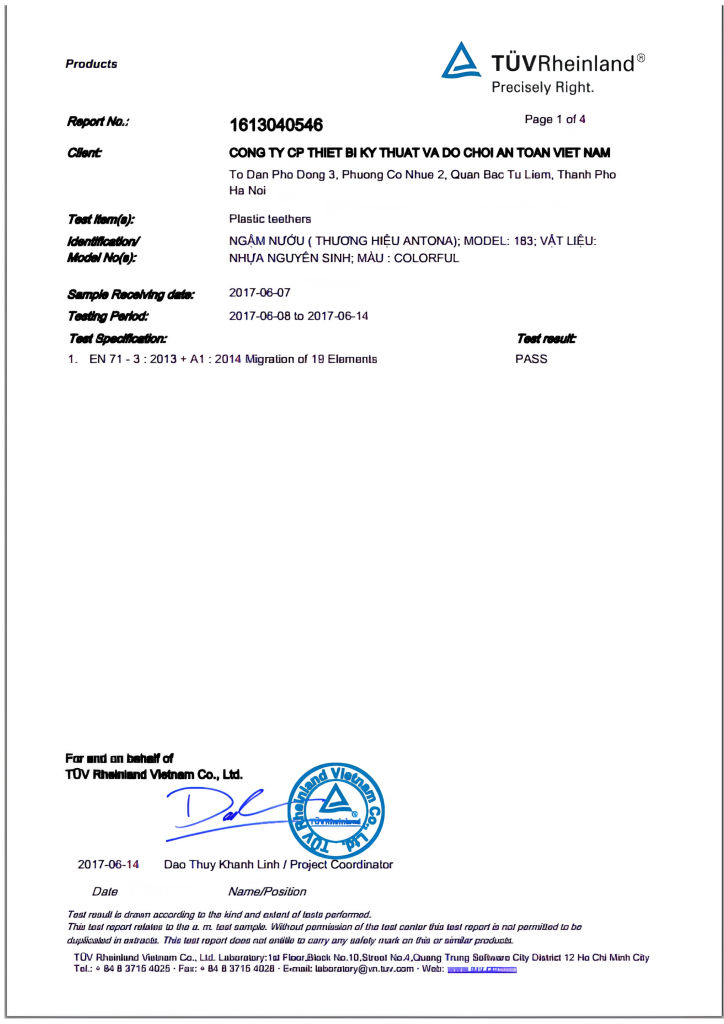 Antona nhận chứng nhận kiểm chứng quốc tế TÜV Rheinland, khẳng định chất lượng và độ an toàn của sản phẩm đồ chơi trẻ em theo tiêu chuẩn quốc tế.