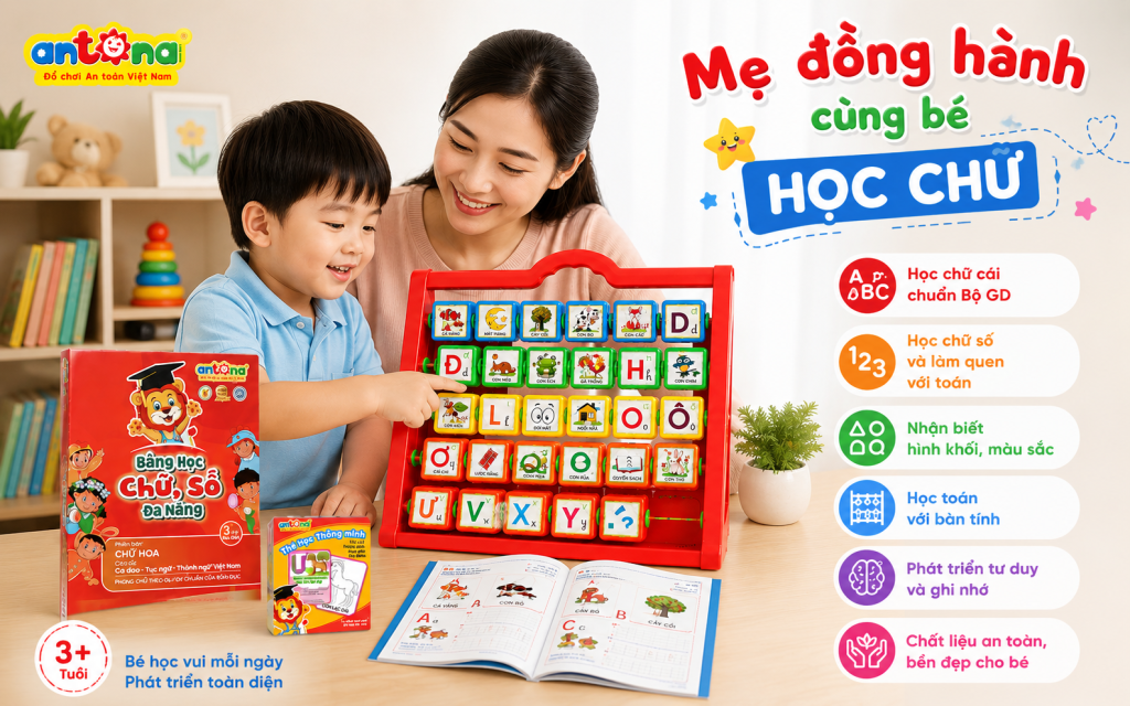 Bảng chữ số đa năng Antona M1 giúp trẻ phát triển khả năng quan sát, ghi nhớ và nhận biết hình ảnh thông qua các chủ đề quen thuộc như con vật, đồ vật và phương tiện giao thông.