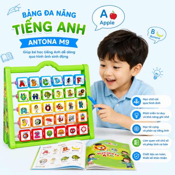 Được thiết kế theo định hướng STEAM, bảng đa năng tiếng Anh Antona M9 giúp bé tiếp cận ngôn ngữ, toán học và tư duy logic thông qua các hoạt động trực quan. Sản phẩm góp phần phát triển kỹ năng học tập cần thiết trong thời đại mới.