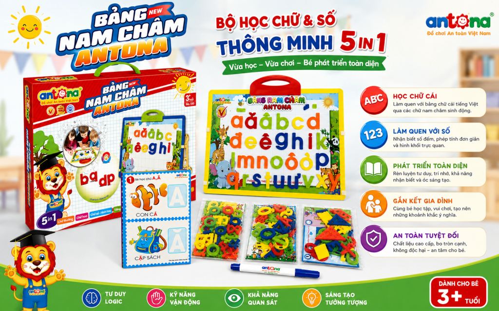 Việc ghép chữ, sắp xếp con số và thực hành các bài học trên bảng nam châm giúp trẻ tăng khả năng tập trung, rèn luyện trí nhớ và phát triển tư duy logic ngay từ những năm đầu đời.