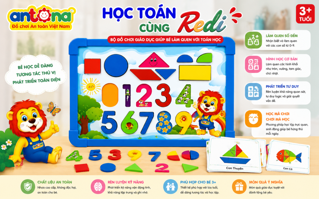 Học Toán Cùng Redi Antona kết hợp các chi tiết số học trực quan giúp trẻ luyện tập thao tác cầm nắm, sắp xếp và ghép số. Hoạt động này góp phần phát triển vận động tinh và khả năng phối hợp tay mắt.