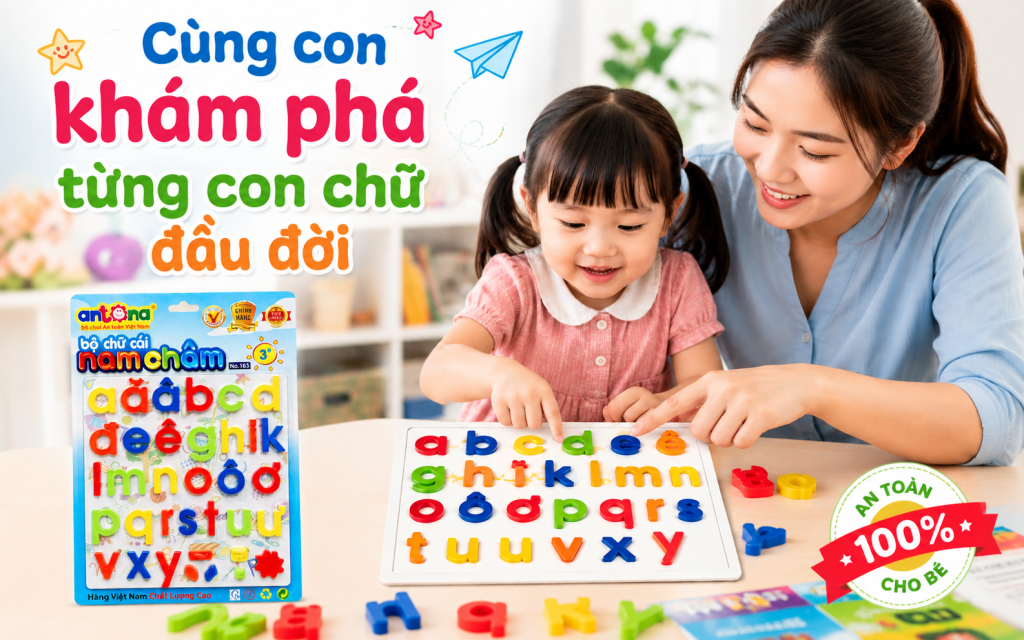 Vỉ nam châm chữ thường Antona là bộ đồ chơi học chữ giúp bé nhận biết bảng chữ cái, luyện ghép vần và phát triển khả năng ngôn ngữ ngay từ sớm. Với thiết kế nhiều màu sắc bắt mắt cùng chất liệu nhựa nguyên sinh an toàn, sản phẩm mang đến cho bé trải nghiệm học tập vui nhộn và an toàn tuyệt đối. Bé có thể dễ dàng chơi trên bảng từ, tủ lạnh hoặc bàn học, giúp việc học chữ trở nên sinh động và đầy hứng thú mỗi ngày.