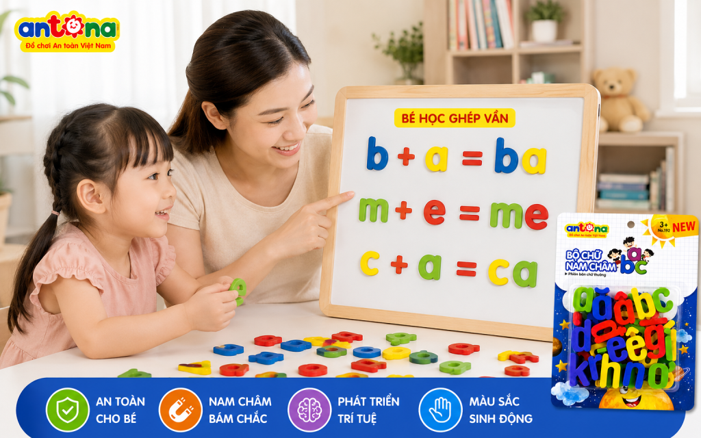 Vỉ chữ nam châm ABC phiên bản chữ thường Antona mang đến những giờ học vui vẻ giữa ba mẹ và bé. Thông qua việc nhận biết chữ cái và ghép chữ trên bảng nam châm, bé dễ dàng ghi nhớ mặt chữ, phát triển khả năng ngôn ngữ và tăng sự tự tin trong giai đoạn đầu làm quen với bảng chữ cái. Bộ chữ nhiều màu sắc nổi bật giúp bé hứng thú học tập mỗi ngày.