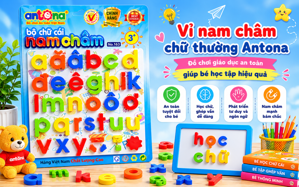 Hình ảnh vỉ nam châm chữ thường Antona – đồ chơi giáo dục an toàn cho bé từ 3 tuổi trở lên. Bộ chữ nam châm nhiều màu sắc giúp bé học chữ cái tiếng Việt, tập ghép vần và phát triển tư duy ngôn ngữ một cách tự nhiên. Sản phẩm chính hãng Antona, chất liệu nhựa nguyên sinh an toàn, phù hợp cho bé học tập và vui chơi mỗi ngày.