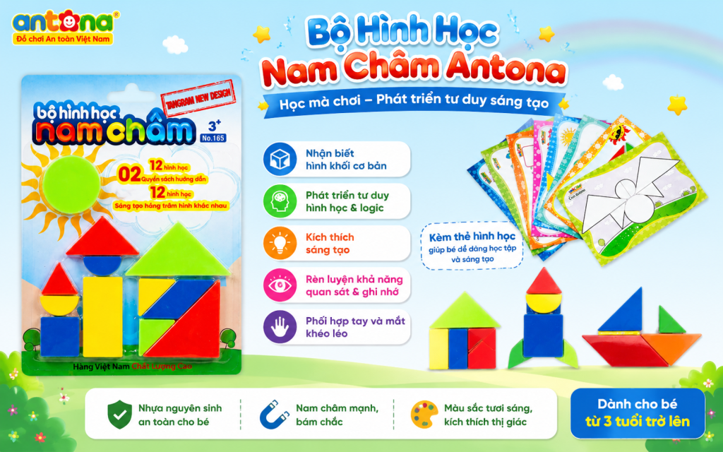 Vỉ hình học nam châm Antona giúp bé vừa học vừa chơi thông qua hoạt động xếp hình theo thẻ mẫu sinh động. Bộ đồ chơi giáo dục với nhiều mảnh ghép hình học và thẻ hướng dẫn hỗ trợ bé phát triển tư duy logic, khả năng quan sát, ghi nhớ và kích thích sáng tạo hiệu quả ngay từ sớm. Sản phẩm an toàn, phù hợp cho trẻ từ 3 tuổi trở lên.