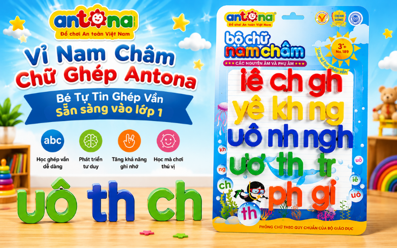Vỉ nam châm chữ ghép Antona giúp bé học ghép vần, nhận biết nguyên âm – phụ âm và luyện đọc dễ dàng thông qua phương pháp học mà chơi sinh động. Bộ chữ nam châm nhiều màu sắc nổi bật hỗ trợ bé tăng khả năng ghi nhớ mặt chữ, phát triển tư duy ngôn ngữ và tự tin chuẩn bị hành trang vào lớp 1.