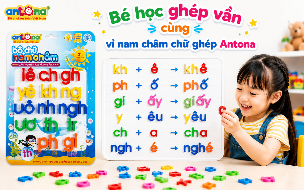 Vỉ nam châm chữ ghép Antona giúp bé học ghép vần, nhận biết nguyên âm – phụ âm và luyện đọc thông qua phương pháp học mà chơi sinh động. Bộ chữ nhiều màu sắc nổi bật hỗ trợ bé ghép các từ quen thuộc giúp tăng khả năng ghi nhớ mặt chữ, phát triển tư duy ngôn ngữ và tạo hứng thú học tập mỗi ngày.