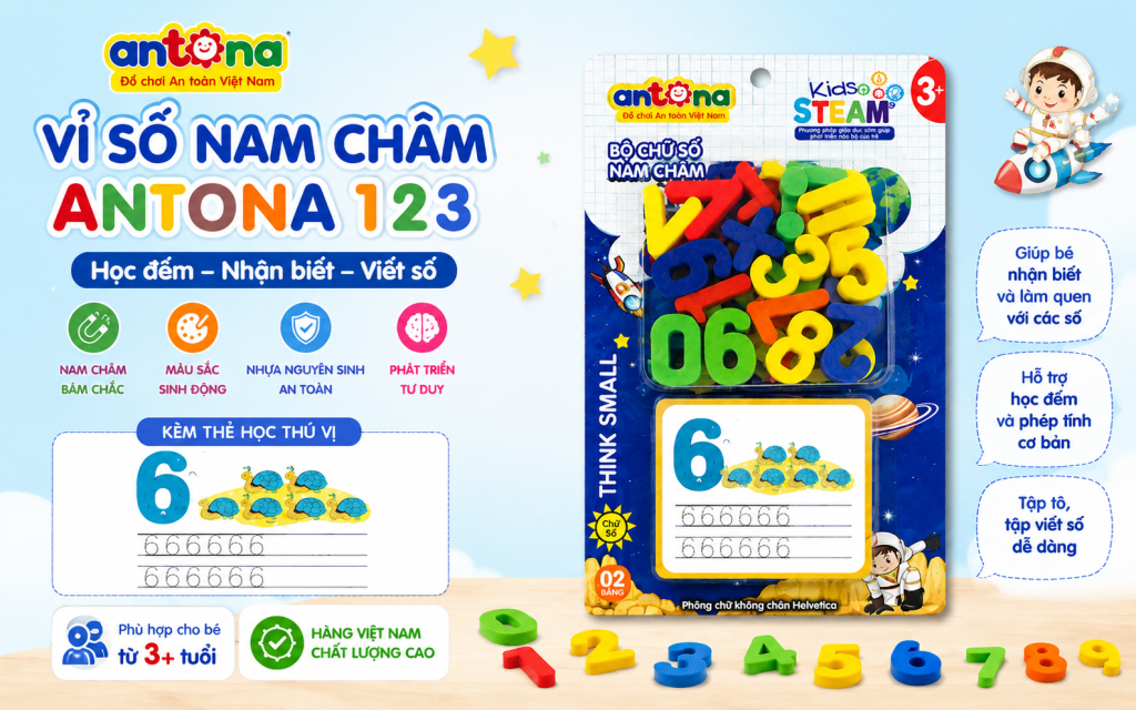 Bé đang trong giai đoạn học số nhưng chưa hứng thú với những phương pháp học truyền thống? Vỉ số nam châm Antona 123 sẽ giúp việc làm quen với các con số trở nên dễ dàng và thú vị hơn thông qua hình thức học mà chơi trực quan sinh động. Bộ số đi kèm thẻ học đếm và tô viết số giúp bé nhận biết mặt số, luyện tập viết số và tăng khả năng ghi nhớ hiệu quả. Thiết kế nhiều màu sắc bắt mắt cùng chất liệu nhựa nguyên sinh an toàn giúp bé vừa học vừa chơi vui vẻ mỗi ngày, phù hợp cho trẻ từ 3 tuổi trở lên.