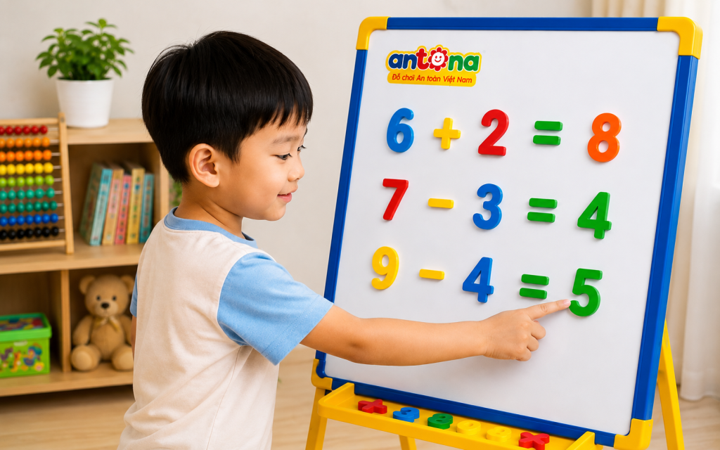 Vỉ số nam châm 123 Antona giúp bé học số thông qua phương pháp học mà chơi trực quan và sinh động. Bé có thể dễ dàng học đếm, nhận biết số và làm các phép tính đơn giản trên nhiều bề mặt khác nhau như bảng nam châm, tủ lạnh, bảng từ hay các bề mặt kim loại trong nhà. Bộ số nhiều màu sắc nổi bật giúp tăng hứng thú học tập, hỗ trợ phát triển tư duy toán học và khả năng ghi nhớ hiệu quả ngay từ sớm. Sản phẩm được làm từ chất liệu an toàn, phù hợp cho trẻ nhỏ sử dụng mỗi ngày.