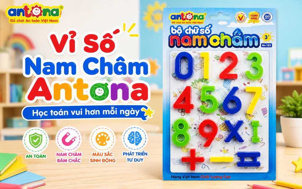 Vỉ số nam châm Antona là bộ đồ chơi giáo dục giúp bé nhận biết các con số từ 0 – 9 và làm quen với phép tính cơ bản một cách trực quan, thú vị. Thiết kế nhiều màu sắc nổi bật cùng nam châm bám chắc giúp bé dễ dàng học tập trên bảng từ, tủ lạnh hay bàn học. Sản phẩm hỗ trợ phát triển tư duy logic, khả năng ghi nhớ và tạo nền tảng học toán cho bé ngay từ sớm.