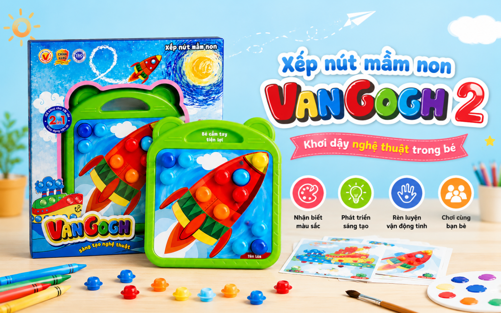 Xếp nút mầm non Van Gogh 2 không chỉ giúp bé nhận biết màu sắc mà còn hỗ trợ phát triển tư duy logic, khả năng quan sát, vận động tinh và sự kiên nhẫn. Những bức tranh lấy cảm hứng nghệ thuật giúp trẻ vừa học vừa chơi, phát triển toàn diện ngay từ những năm đầu đời.