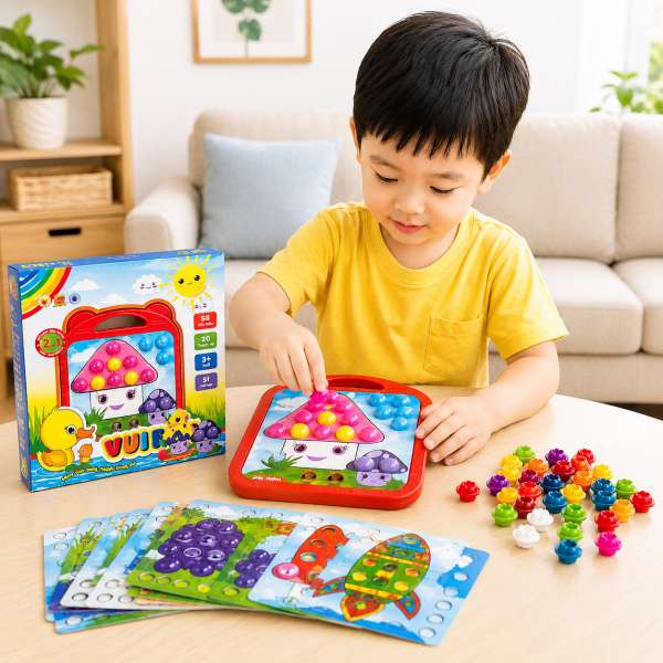 Bộ xếp nút mầm non Vangogh1 được thiết kế dành cho trẻ từ 3 tuổi trở lên với các chi tiết an toàn, màu sắc bắt mắt và nhiều thẻ mẫu giúp bé học tập một cách trực quan và sinh động.