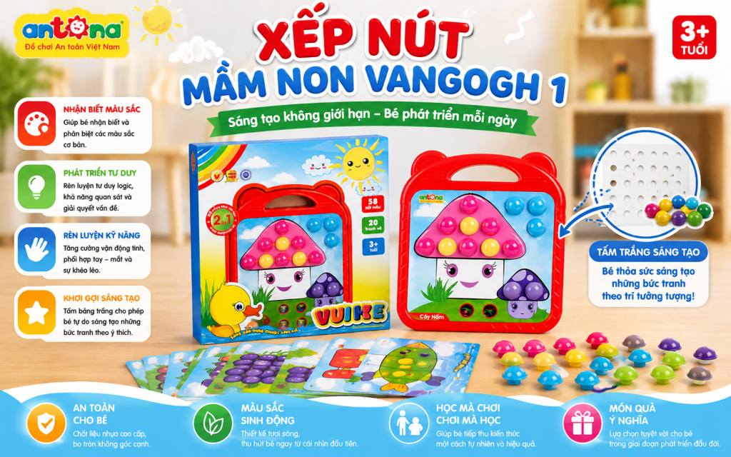 Bộ xếp nút mầm non Vangogh1 giúp bé nhận biết màu sắc, hình dạng và thực hành ghép hình theo mẫu, tạo nền tảng phát triển nhận thức trong giai đoạn mầm non.