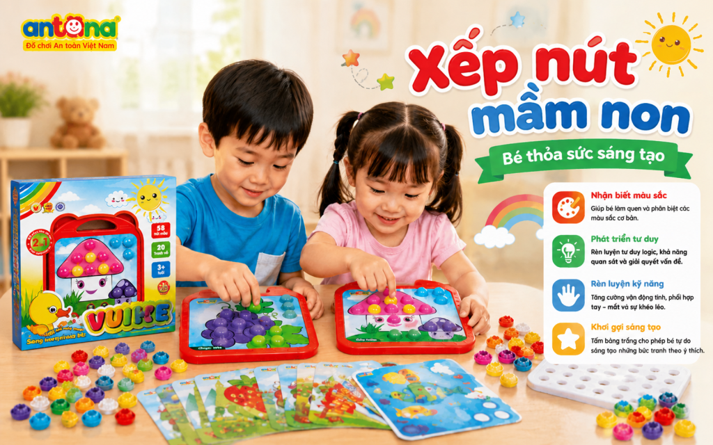 Các thao tác cầm, nắm và gắn nút màu trên bảng giúp bé sử dụng linh hoạt các ngón tay, nâng cao khả năng phối hợp tay mắt cùng bộ xếp nút mầm non Vangogh1.