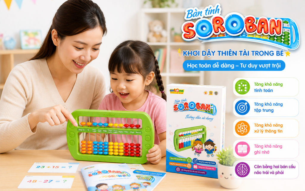 Bàn tính Soroban Antona giúp bé phát triển tư duy toán học thông qua phương pháp học trực quan và sinh động. Hình ảnh mẹ đồng hành hướng dẫn bé sử dụng bàn tính cho thấy cách học toán gần gũi, giúp trẻ tăng khả năng tính nhẩm, rèn luyện tư duy logic, nâng cao sự tập trung và ghi nhớ hiệu quả. Sản phẩm đi kèm sách hướng dẫn học Soroban, phù hợp cho trẻ từ 5 tuổi trở lên, hỗ trợ ba mẹ cùng con xây dựng nền tảng toán học vững chắc ngay tại nhà.