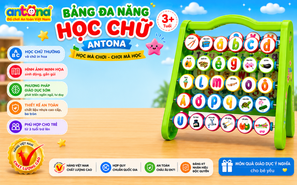 Bảng đa năng học chữ Antona được làm từ nhựa cao cấp, bo tròn các góc cạnh và sử dụng màu sắc bắt mắt, đảm bảo an toàn cho trẻ nhỏ trong quá trình học tập.