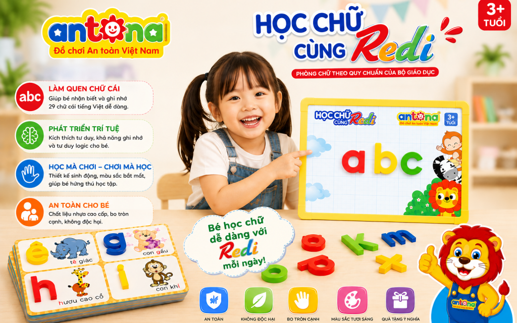 Học Chữ Cùng Redi Antona không chỉ là đồ chơi mà còn là công cụ giáo dục giúp trẻ học chữ cái, phát triển ngôn ngữ, tăng khả năng ghi nhớ và tư duy logic. Đây là món quà thiết thực dành cho trẻ từ 3 tuổi trở lên.