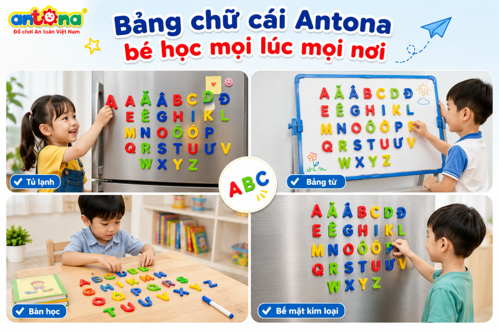 Vỉ nam châm chữ in hoa Antona giúp bé học chữ mọi lúc mọi nơi trên tủ lạnh, bảng từ, bàn học và nhiều bề mặt kim loại khác. Bộ chữ nam châm với màu sắc sinh động hỗ trợ bé làm quen chữ cái in hoa tiếng Việt và tiếng Anh, tăng khả năng ghi nhớ mặt chữ, phát triển tư duy và tạo hứng thú học tập thông qua phương pháp học mà chơi trực quan, an toàn.