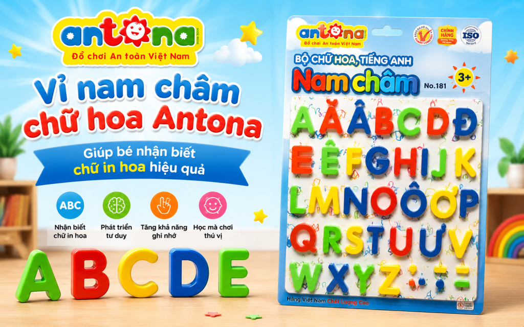 Vỉ nam châm chữ hoa Antona là đồ chơi giáo dục giúp bé làm quen với chữ in hoa tiếng Việt và tiếng Anh thông qua hoạt động học tập trực quan, thú vị. Bộ chữ sở hữu màu sắc sinh động, thiết kế an toàn cùng nam châm bám chắc giúp bé dễ dàng nhận biết mặt chữ, luyện ghép từ và phát triển khả năng tư duy ngôn ngữ phù hợp cho trẻ từ 3 tuổi trở lên.