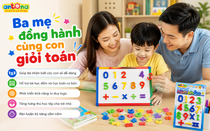 Vỉ số nam châm Antona giúp bé làm quen với các con số và học toán cơ bản thông qua phương pháp học mà chơi trực quan, sinh động. Hình ảnh ba mẹ đồng hành cùng bé học tập giúp tăng hứng thú học số, phát triển tư duy logic, khả năng ghi nhớ và kỹ năng quan sát cho trẻ từ 3 tuổi trở lên.