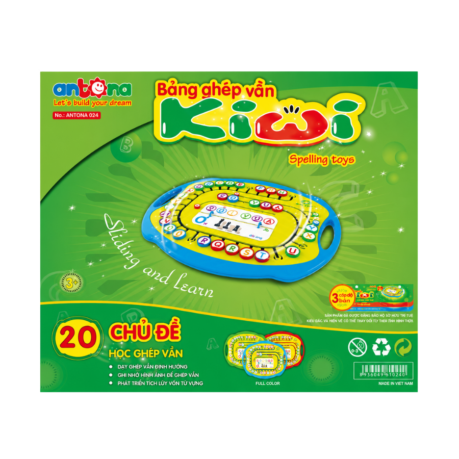 Bảng ghép vần Kiwi Antona là đồ chơi giáo dục giúp bé làm quen với chữ cái, học ghép vần và phát triển khả năng đọc thông qua phương pháp học mà chơi đầy hứng thú.
