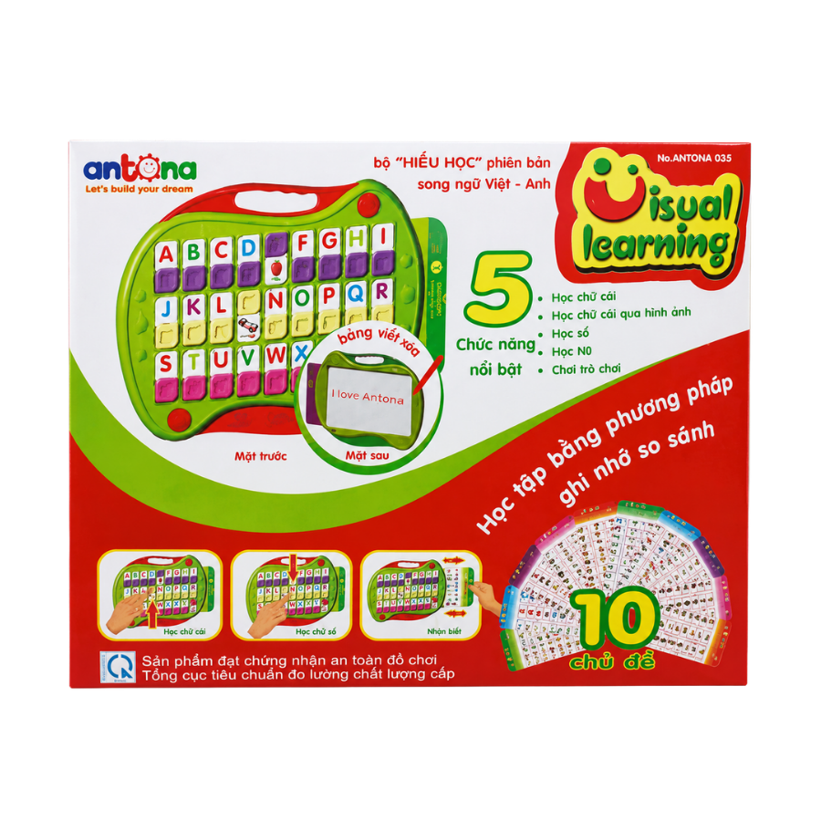 Bộ Hiếu Học song ngữ Antona là đồ chơi giáo dục giúp bé làm quen với tiếng Việt và tiếng Anh thông qua hình ảnh trực quan, chữ cái, chữ số và các trò chơi tương tác thú vị.
