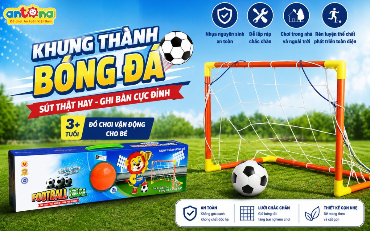 Đồ chơi khung thành bóng đá Antona được sản xuất tại Việt Nam từ nhựa nguyên sinh cao cấp, giúp bé phát triển kỹ năng vận động, phối hợp tay chân và tinh thần đồng đội.