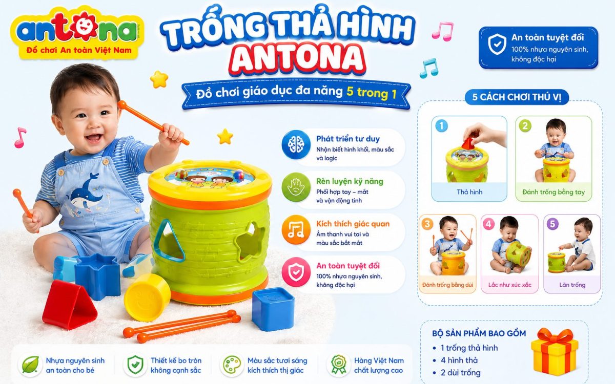Trống thả hình cho bé Antona là món đồ chơi giáo dục đa năng giúp bé nhận biết hình học cơ bản, luyện khả năng quan sát, phối hợp tay mắt và tư duy logic.