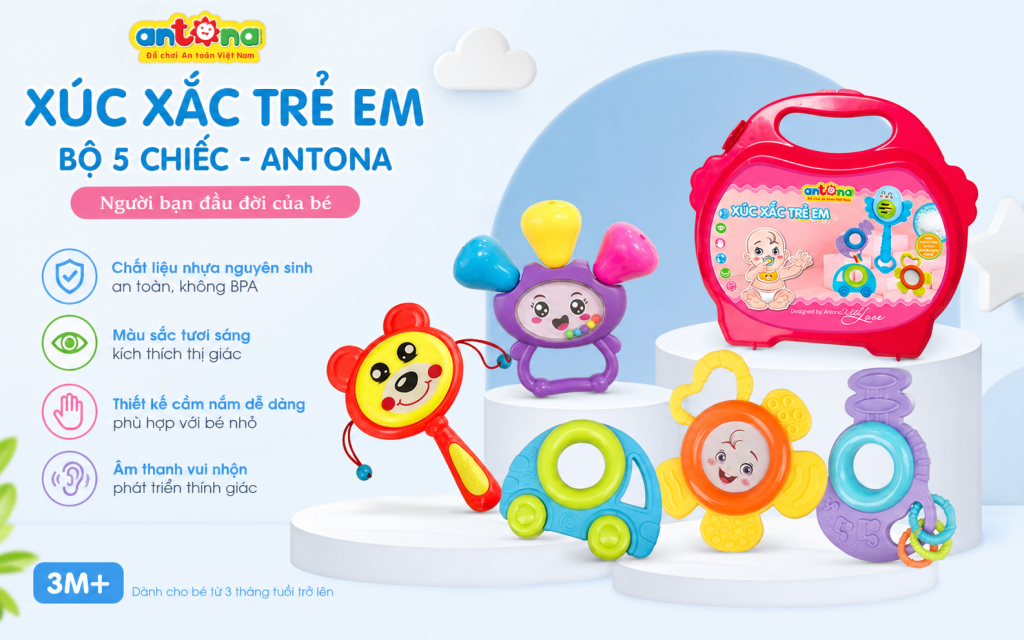 Xúc xắc trẻ em Antona - Hộp 5 chiếc sử dụng nhựa nguyên sinh cao cấp, bề mặt bo tròn an toàn, không chứa BPA. Đây là món quà ý nghĩa giúp bé vừa chơi vừa phát triển trí não và cảm nhận âm thanh.