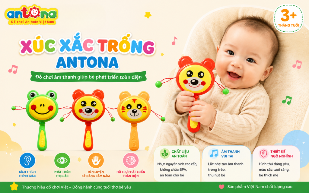 Xúc xắc trẻ em Antona - Xúc xắc trống là đồ chơi âm thanh dành cho bé từ 3 tháng tuổi, hỗ trợ phát triển thính giác, thị giác, xúc giác và kỹ năng cầm nắm với thiết kế đáng yêu, chất liệu an toàn đạt tiêu chuẩn.