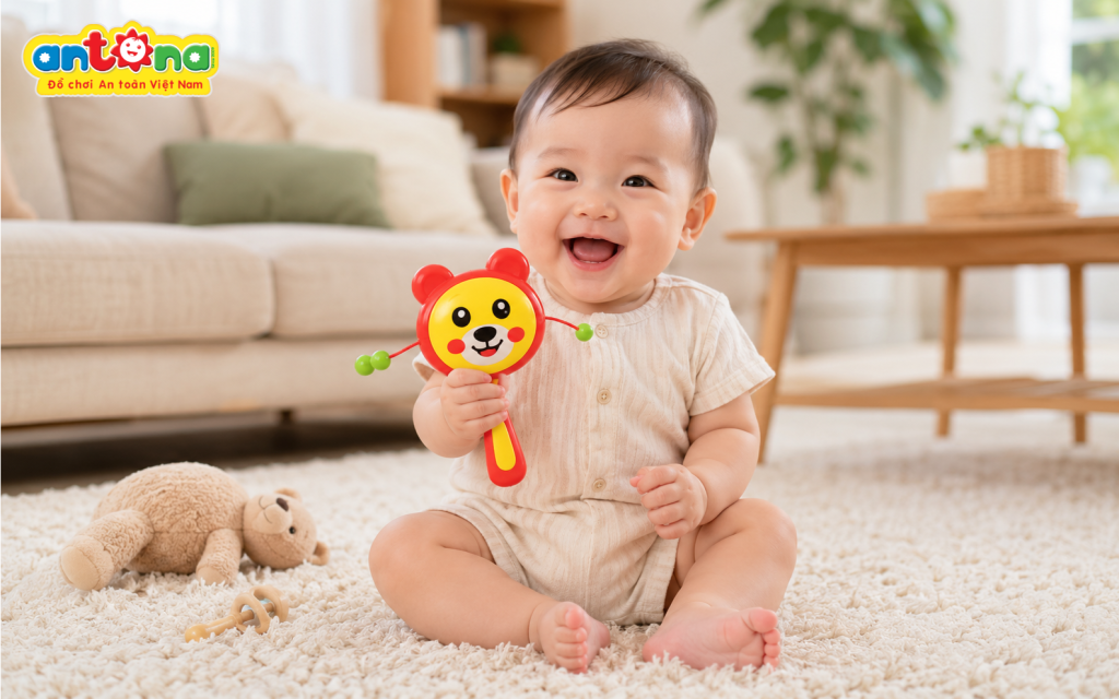Bé vui chơi cùng Xúc xắc trẻ em Antona - Xúc xắc trống trong không gian gia đình ấm cúng. Đồ chơi an toàn giúp bé hứng thú khám phá, phát triển giác quan và tăng khả năng phối hợp tay mắt từ 3 tháng tuổi.