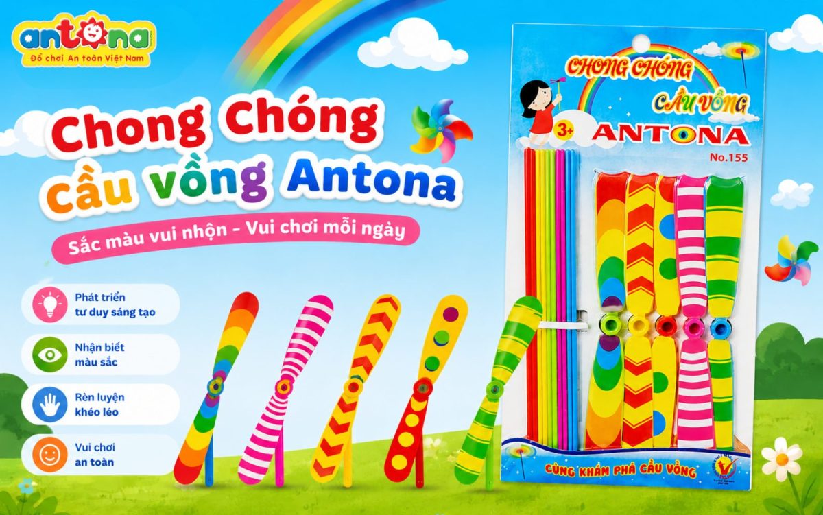 Chong Chóng Antona sở hữu màu sắc cầu vồng tươi sáng, thiết kế bền đẹp, giúp bé phát triển khả năng quan sát, phối hợp tay mắt và tăng cường hoạt động ngoài trời.