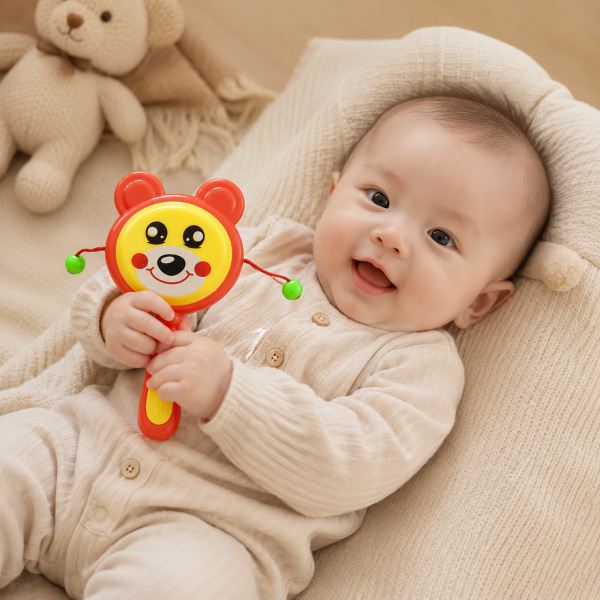 Hình ảnh bé 3 tháng tuổi cầm Xúc xắc trẻ em Antona - Xúc xắc trống, món đồ chơi giúp bé rèn luyện lực bàn tay, phản xạ cầm nắm và cảm nhận âm thanh trong những năm tháng đầu đời.
