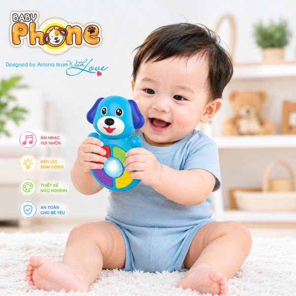 Điện thoại trẻ em Antona Baby Phone giúp bé làm quen với âm thanh, ánh sáng và phản xạ bấm nút, hỗ trợ phát triển giác quan trong giai đoạn đầu đời.