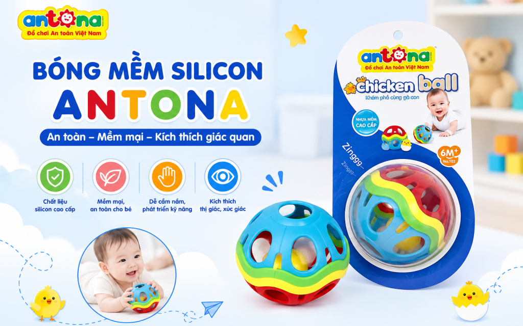 Bóng mềm silicon Antona sở hữu thiết kế rỗng thông minh, giúp bé dễ dàng cầm nắm, bóp nhẹ và lăn bóng để tăng cường vận động toàn thân.