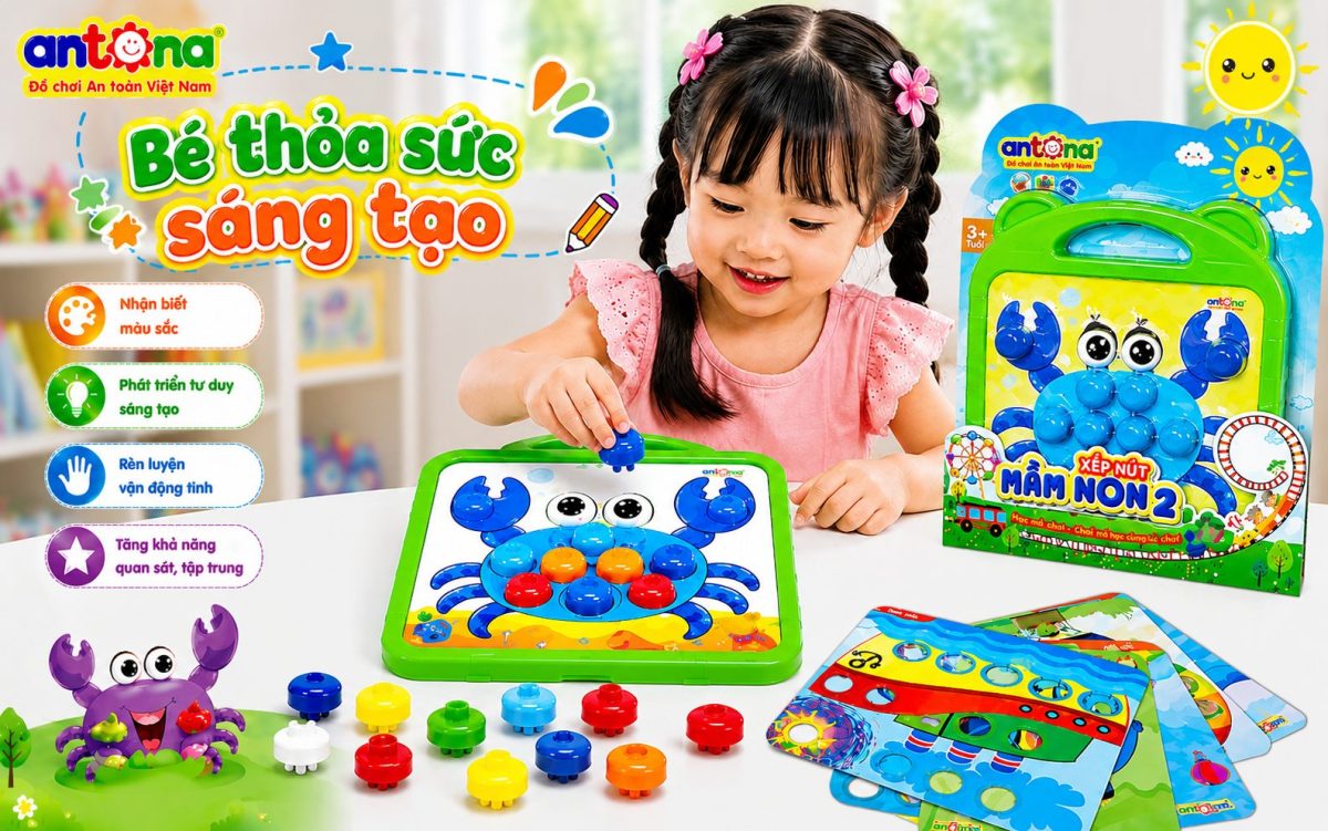 Đồ chơi giáo dục sớm Antona - Xếp Nút Mầm Non giúp bé nhận biết màu sắc, rèn luyện tư duy sáng tạo và phát triển vận động tinh thông qua hoạt động xếp nút đầy thú vị.