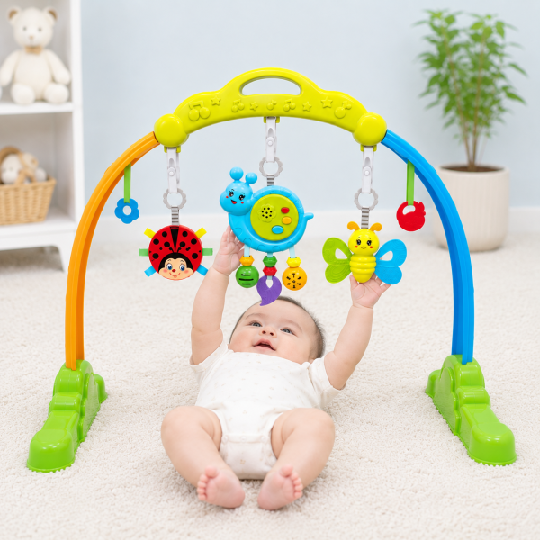 Bé nằm chơi dưới kệ chữ A Antona - Kệ Cầu Vồng, chủ động với tay, cầm nắm đồ chơi treo, kích thích giác quan và rèn luyện vận động toàn diện.