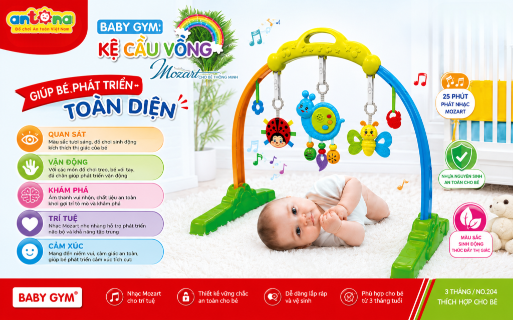Kệ chữ A Antona - Kệ Cầu Vồng tích hợp nhạc Mozart, đồ chơi treo nhiều màu sắc và gặm nướu mềm, hỗ trợ bé khám phá thế giới và phát triển toàn diện.