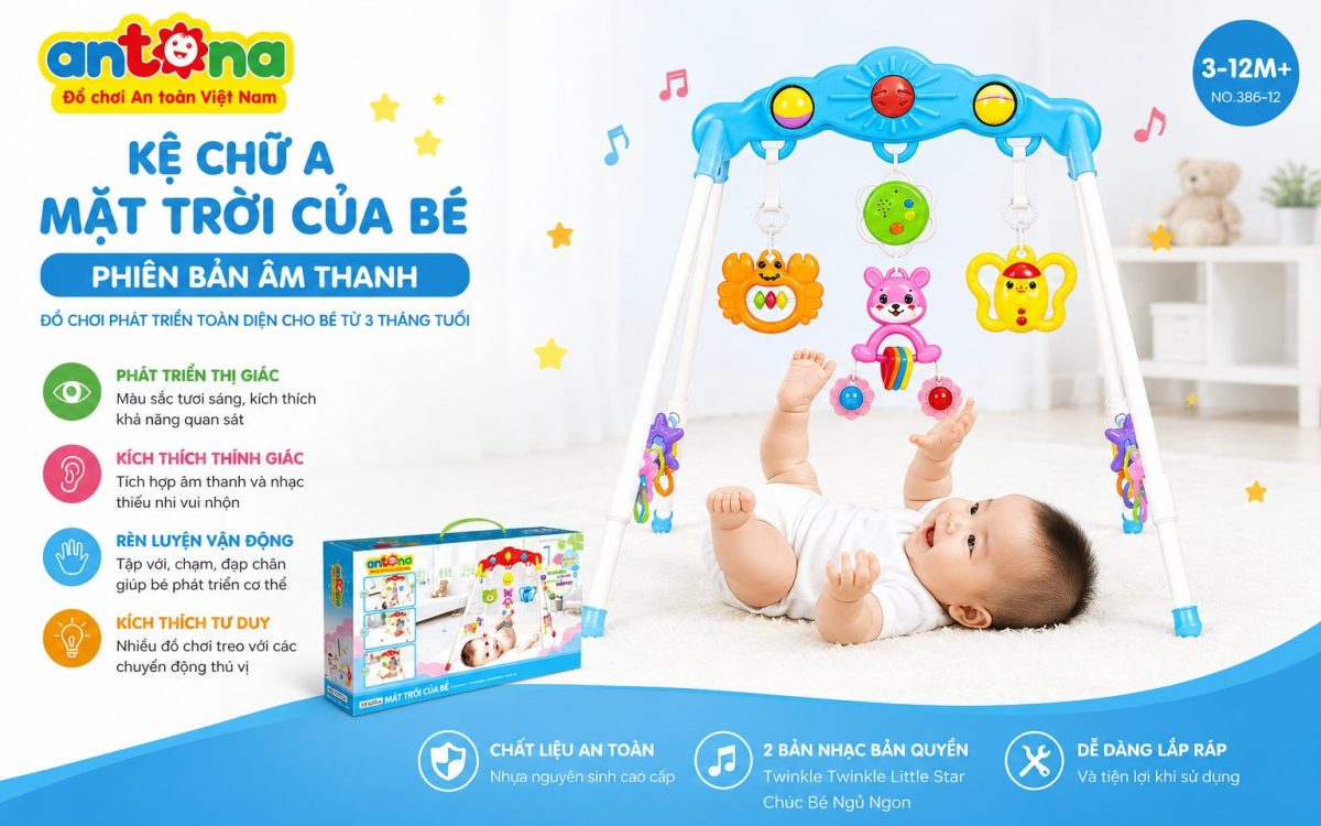 Hình ảnh Kệ chữ A Antona – Mặt Trời Của Bé phiên bản âm thanh với chất liệu nhựa nguyên sinh an toàn, thiết kế chắc chắn, phù hợp cho bé từ 3–12 tháng tuổi.