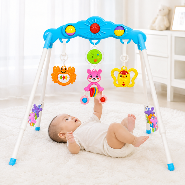 Bé 3 tháng nằm chơi cùng Kệ Chữ A Antona Bé Tập Thể Dục Phiên Bản Âm Thanh, rèn luyện khả năng với tay, quan sát và phát triển thị giác.