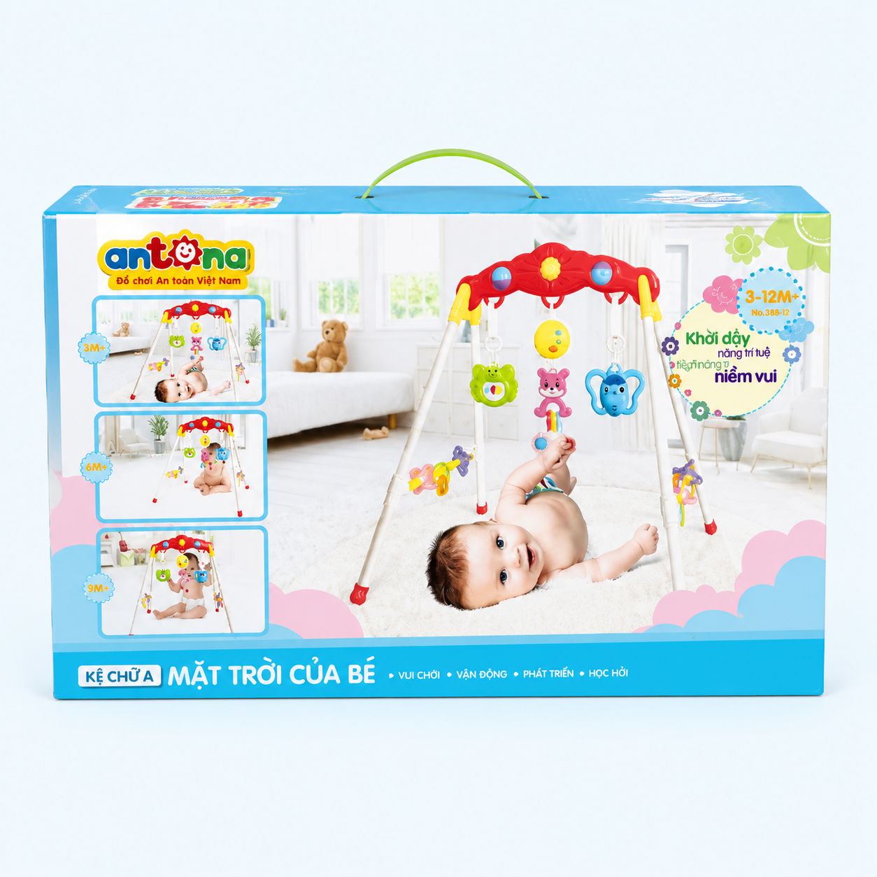 Hộp sản phẩm Kệ Chữ A Antona Bé Tập Thể Dục Phiên Bản Âm Thanh với đầy đủ thông tin, phù hợp cho bé từ 3–12 tháng, thiết kế an toàn và phát triển toàn diện.