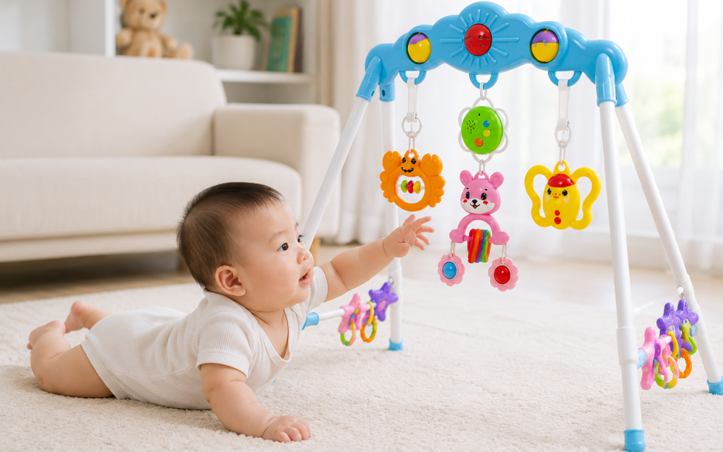 Bé hứng thú chạm và khám phá Kệ Chữ A Antona Phiên Bản Âm Thanh với đồ chơi treo nhiều màu sắc, giúp phát triển thị giác, thính giác và vận động ngay từ 3 tháng tuổi.