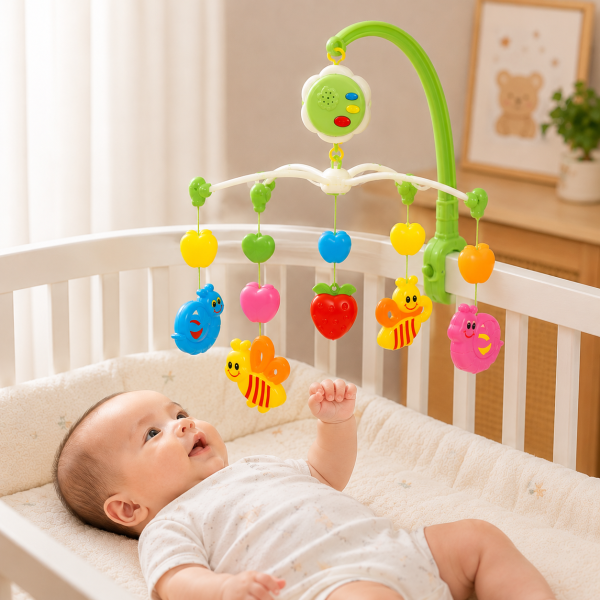 Bé quan sát đồ chơi chuyển động trên Kệ Treo Nôi Antona - Khu Vườn Của Bé, hỗ trợ phát triển thị giác, thính giác và khả năng tập trung ngay từ những tháng đầu đời.