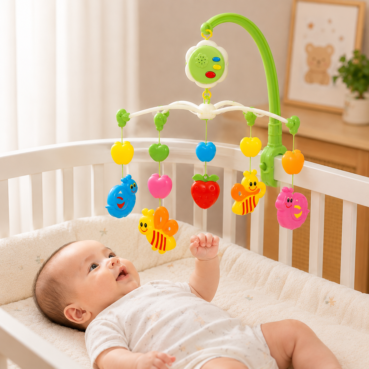 Bé quan sát đồ chơi chuyển động trên Kệ Treo Nôi Antona - Khu Vườn Của Bé, hỗ trợ phát triển thị giác, thính giác và khả năng tập trung ngay từ những tháng đầu đời.