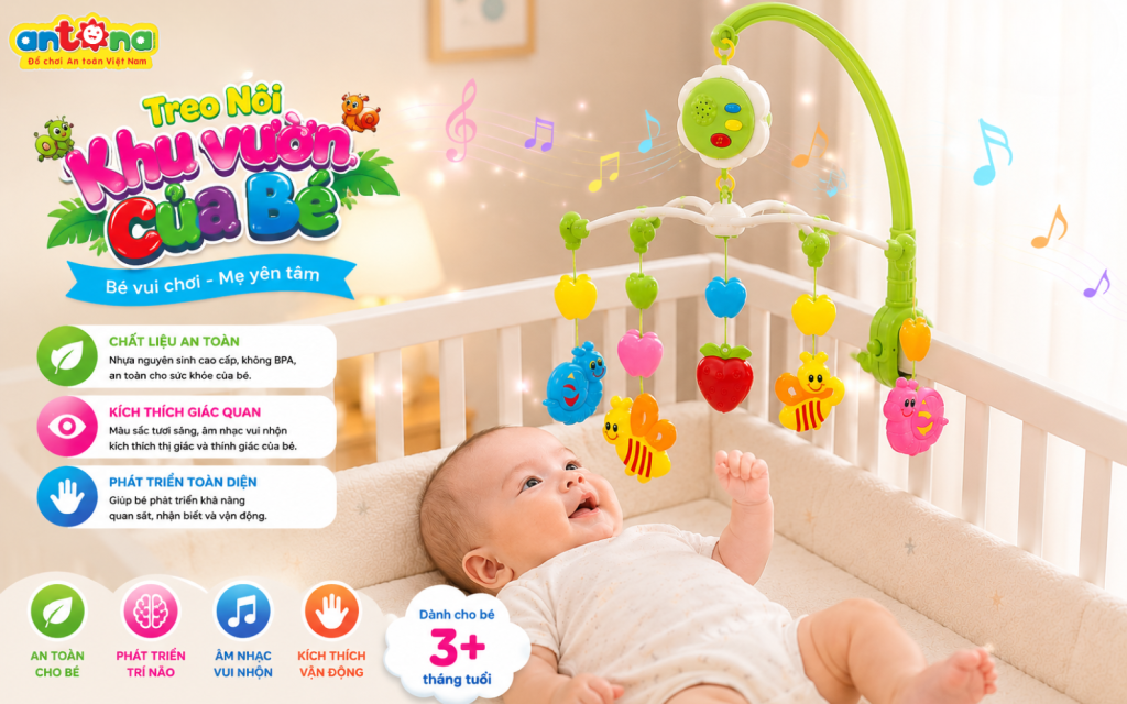 Giai điệu âm nhạc của Kệ Treo Nôi Antona - Khu Vườn Của Bé giúp bé luyện khả năng theo dõi bằng mắt và phản xạ tự nhiên.