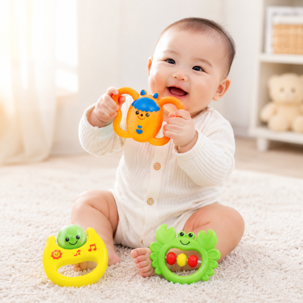 Hình ảnh bé vui chơi cùng Xúc xắc trẻ em Antona Hộp 3 chiếc cho thấy sản phẩm giúp kích thích giác quan, rèn luyện khả năng cầm nắm và mang đến những giờ chơi bổ ích ngay từ những tháng đầu đời.