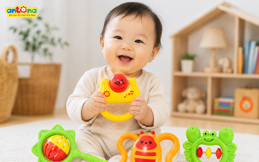 Xúc xắc trẻ em Antona Hộp 3 chiếc được sản xuất từ nhựa nguyên sinh cao cấp, không chứa BPA, thiết kế bo tròn an toàn, là món đồ chơi lý tưởng giúp bé phát triển đa giác quan và kỹ năng cầm nắm từ 3 tháng tuổi.