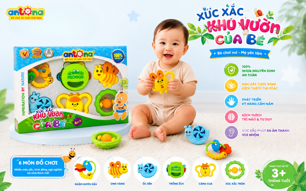 Xúc Xắc Trẻ Em Antona - Hộp 6 Chiếc là bộ đồ chơi giáo dục sớm giúp kích thích giác quan, phát triển vận động tinh và mang đến những giờ chơi bổ ích cho bé yêu từ 3 tháng tuổi.
