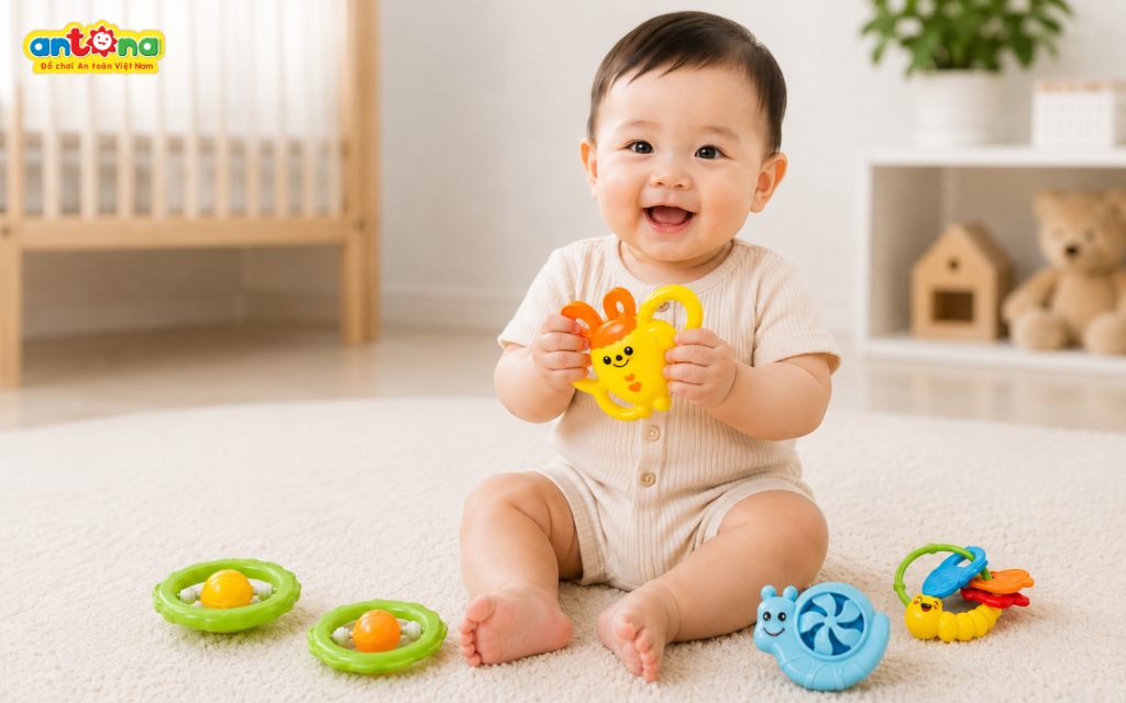 Bé vui chơi cùng Xúc Xắc Trẻ Em Antona - Hộp 6 Chiếc, vừa phát triển thị giác, thính giác vừa tăng khả năng phối hợp tay và mắt thông qua các hoạt động cầm, lắc, khám phá.