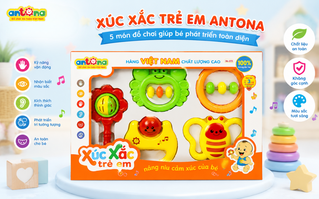 Bộ Xúc xắc trẻ em Antona - Hộp giấy 5 chiếc là món quà ý nghĩa cho bé sơ sinh và trẻ nhỏ, góp phần kích thích trí tò mò, khả năng quan sát và phát triển kỹ năng cầm nắm.